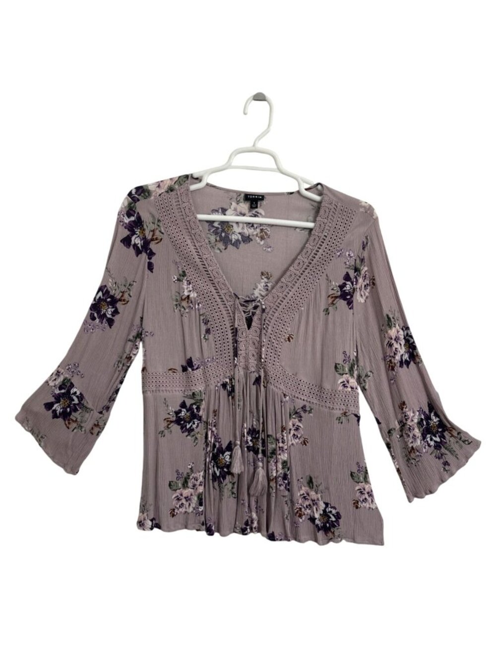Torrid Floral Bell Sleeve Blouse SZ 1 Lavender Purple Babydoll Cottage Boho - Picture 2 of 9